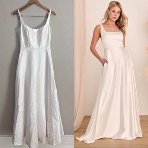 Ivory satin sleeveless maxi dress pockets wedding bridal
